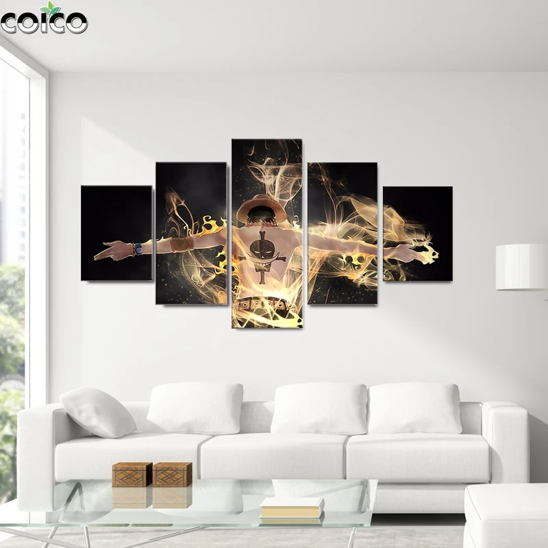 One Piece Poster with Frame Fire Fist Ace 5 Panel Anime Wall Art Canvas Painting Modular Print Home Decor Living Room Picture