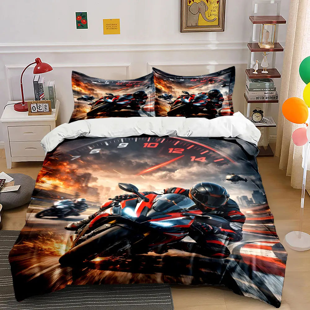 High-speed motorcycle racing scene Print Bedding Set 1 Duvet Cover 2 Pillowcases for Adult and Children Luxury Gift Full Size