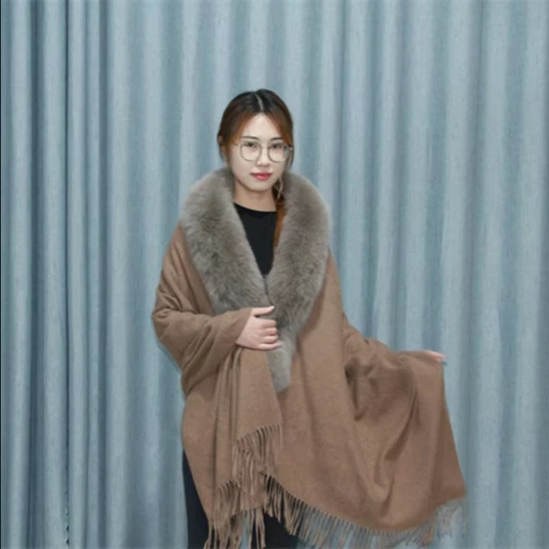 Luxury Winter Scarf 100% Real Wool with Genuine Fox Fur Trim Pashmina Cape Wrap for Women High Quality Marriage Accessory