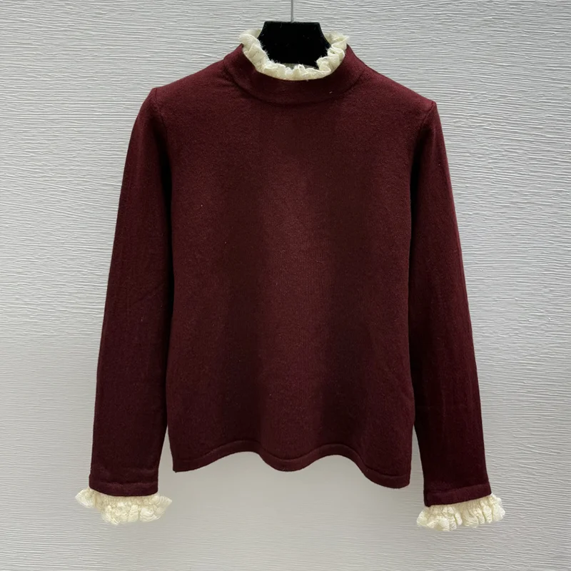 高品質のフェイクツーピースマルチカラーレースレディースラウンドネックセーター優しいガールスタイルプルオーバー251028245