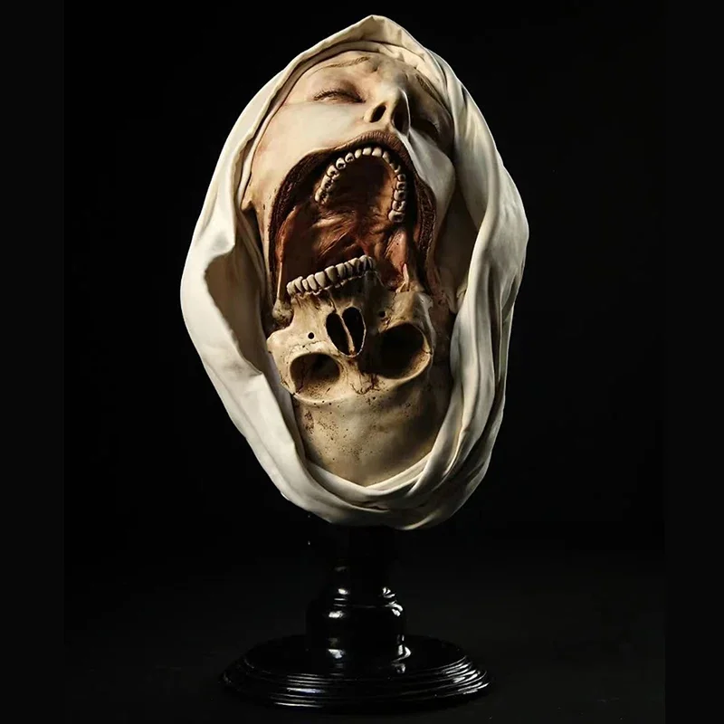 Creepy Nun Resin Statue Halloween Skull Transfiguration Sculpture for Home Decor Unique Artistic Horror Figure Desktop Ornament