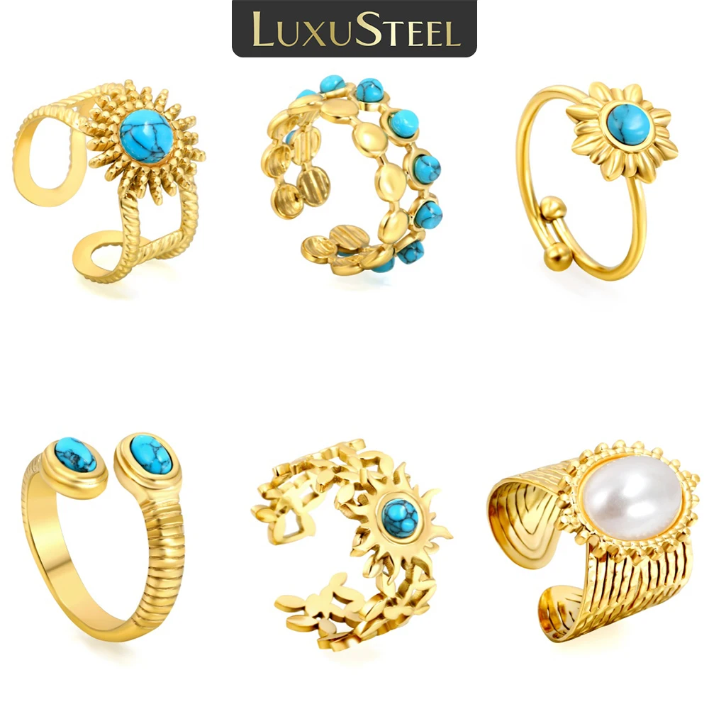 LUXUSTEEL Blue Stone Geometric Rings For Women Sun Style Golden Color Circle Open Rings Party Wedding Jewelry Gift