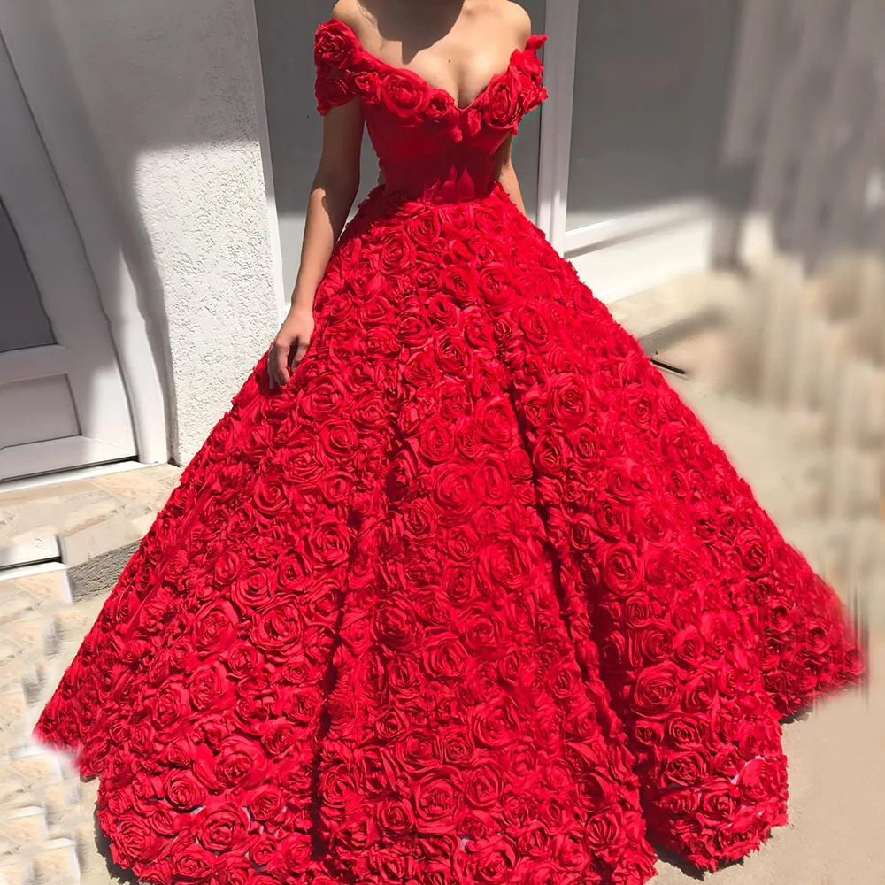 Rote Abendkleider lange Luxus 2022 V-Ausschnitt off-the-Schulter geschwollene Ballkleid 3d Blume a-line elegante sexy formelle Party kleider