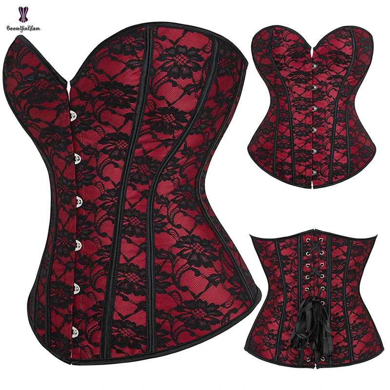 Gothic Victorian 12 Plastic Bones Lace Up Red Overbust Corset Women Plus Size Underwear Corselet With G String