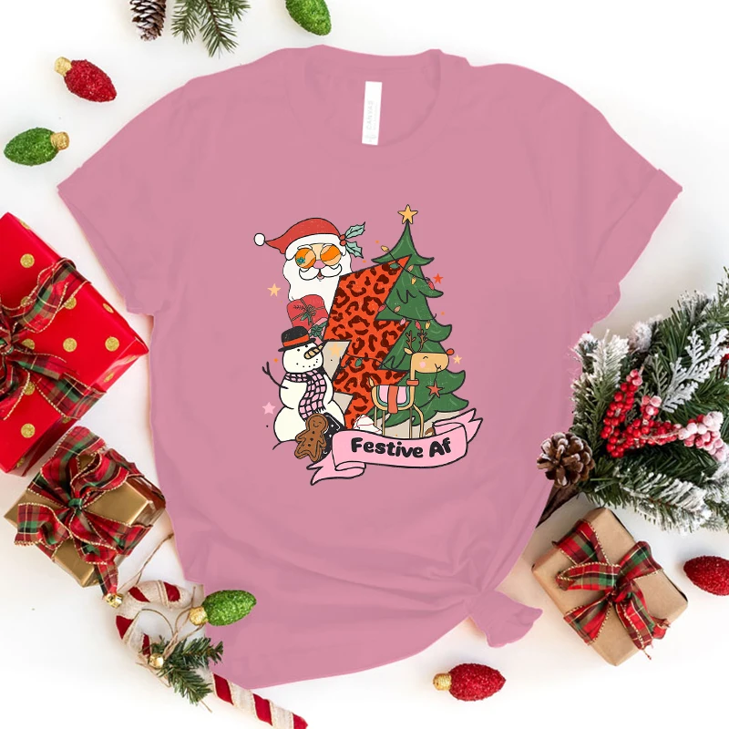 Nuevas camisetas festivas de Navidad con estampado Af para mujeres y hombres, camiseta de verano, camisetas informales de manga corta con cuello redondo Harajuku