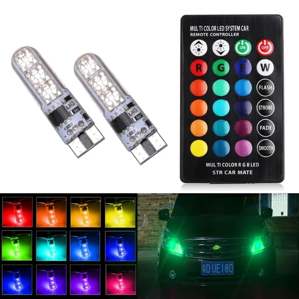 2x T10 مقاوم للماء W5w 501 سيارة إسفين الجانب ضوء Bulb-6SMD 5050 RGB 7 اللون LED التحكم عن بعد (لا بطارية) ستروب فلاش إسفين مصباح