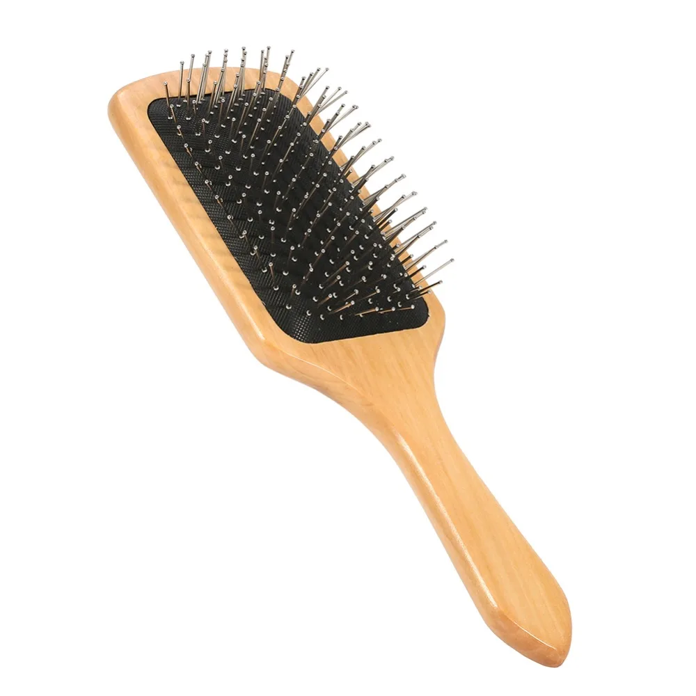 Wood Steel Needle Scalp Massage Comb Ergonomic Handle Anti-Static Design Massage Hairbrush Detangling 25cm x 8cm