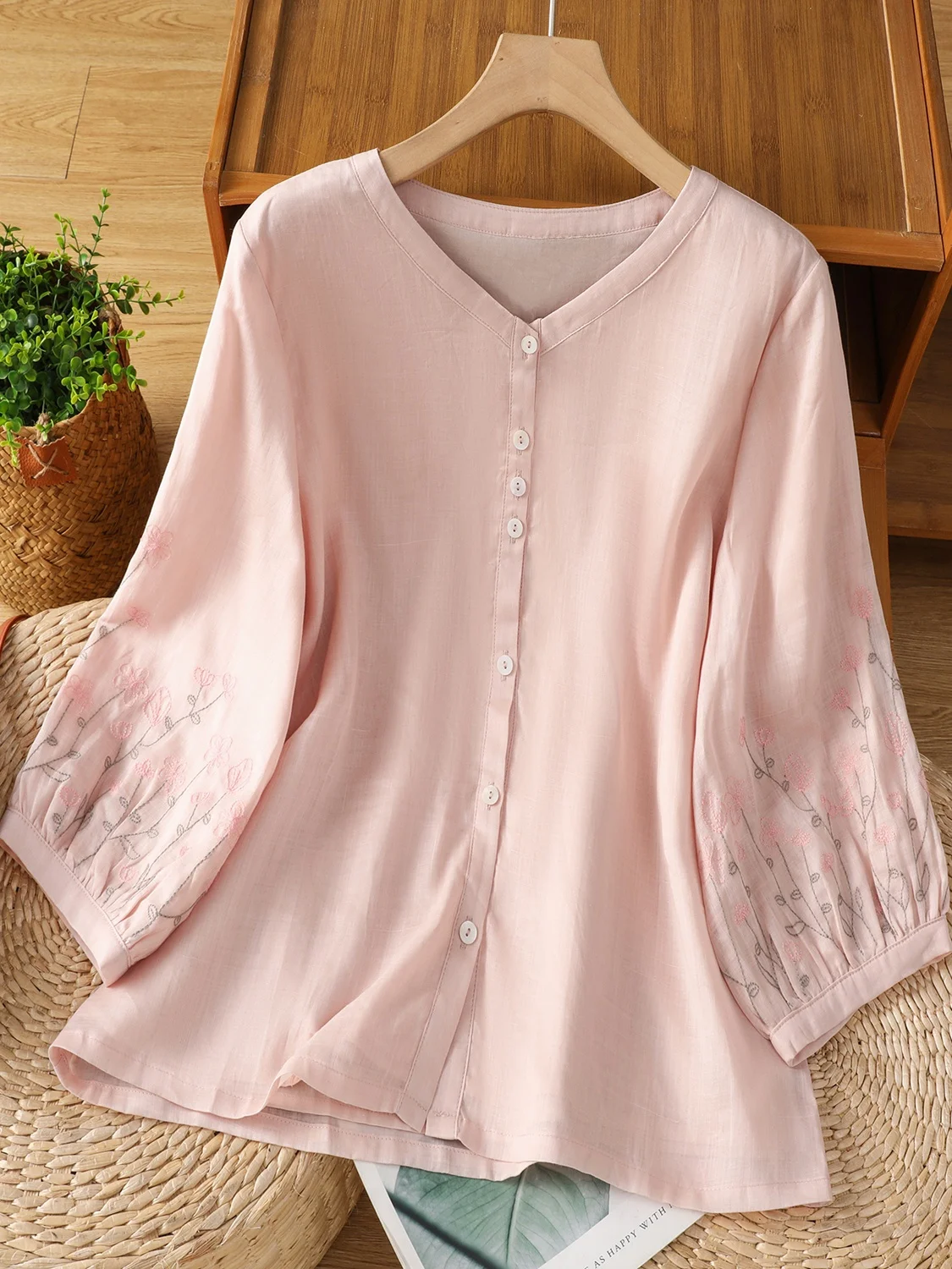 فضفاض عادية القطن الكتان المطرزة فانوس Sve irt المرأة حجم كبير سبعة Sve زر واحد الخامس طوق الصيف #1