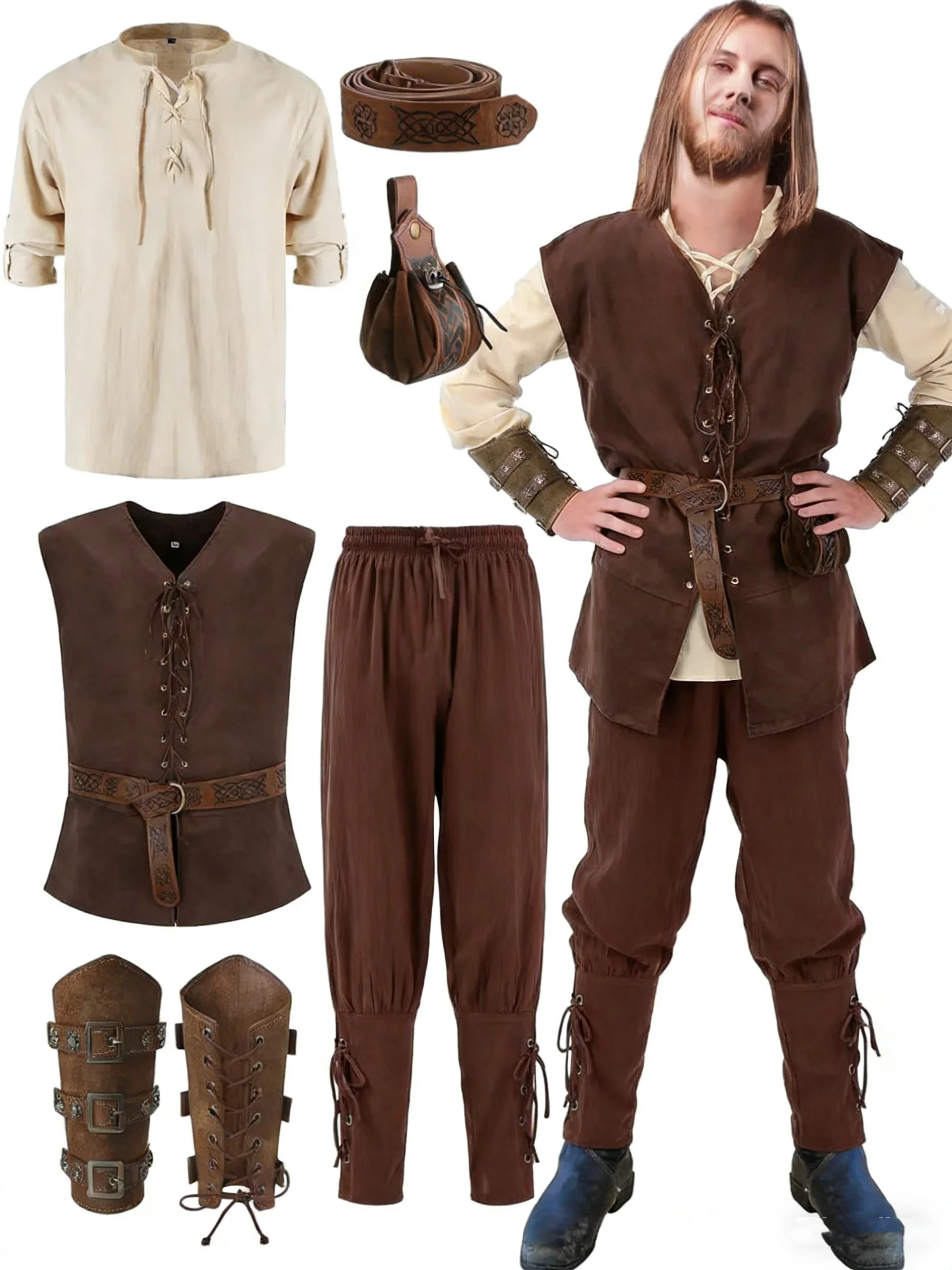 6-delige Halloween-Renaissance-kostuumset voor heren, middeleeuws vest, overhemd, enkelbandbroek, Vikingriem, armbandzakje