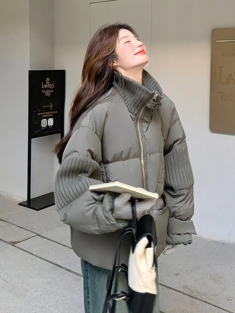 Plus Size Knitted Stitching Solid Color Cotton-padded Jacket Female Korean Thick Warm Cotton Coat