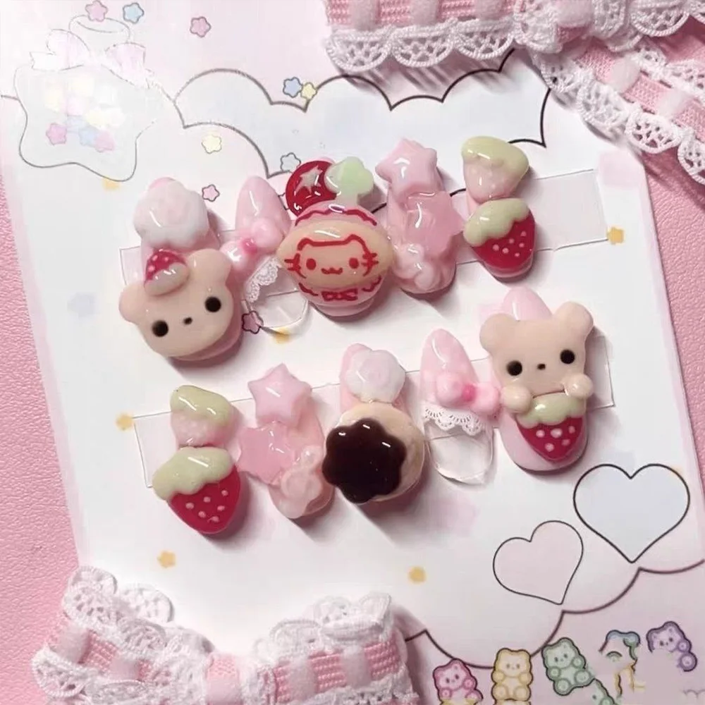 Niedliche Retro Japanische Rilakkuma Rosa Kaninchen Mandel Künstliche Nägel 3D Schleife Stern Katzenpfote Erdbeere Aufklebenägel Handaccessoires – Detail 7