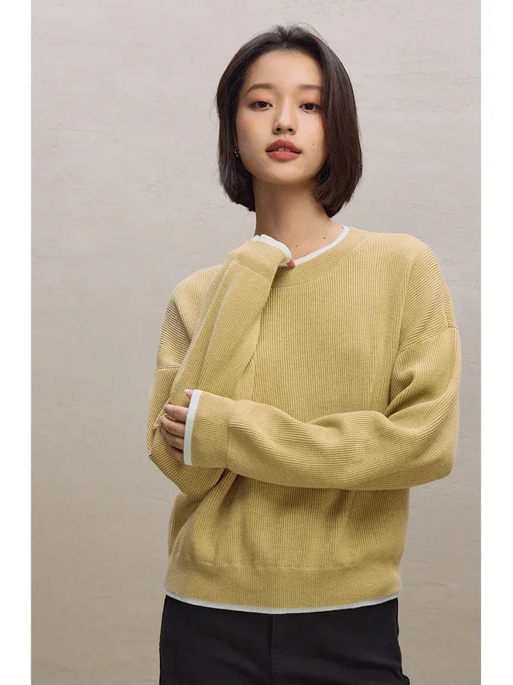 ZIQIAO Design Sense Fake Two-piece Round Neck Sweater for Women 2023 Autumn Winter New Casual Cozy Style Pullover Sweater Female