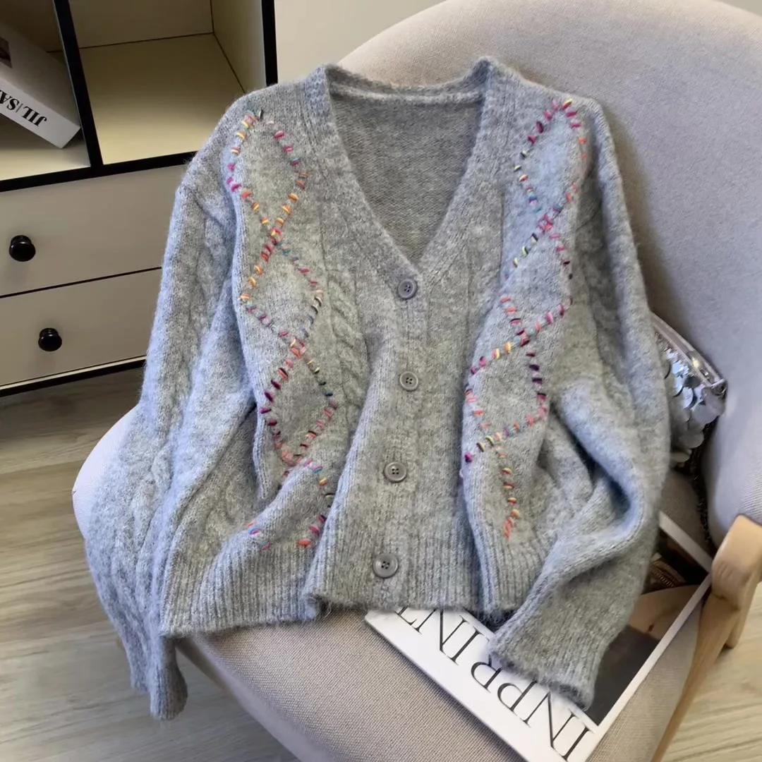 

Женский серый клетчатый кардиган с v-образным вырезом, винтажный джемпер, вязаный кашемировый свитер с длинными рукавами в клетку, осенняя одежда 2000-х годов, 2025 г.