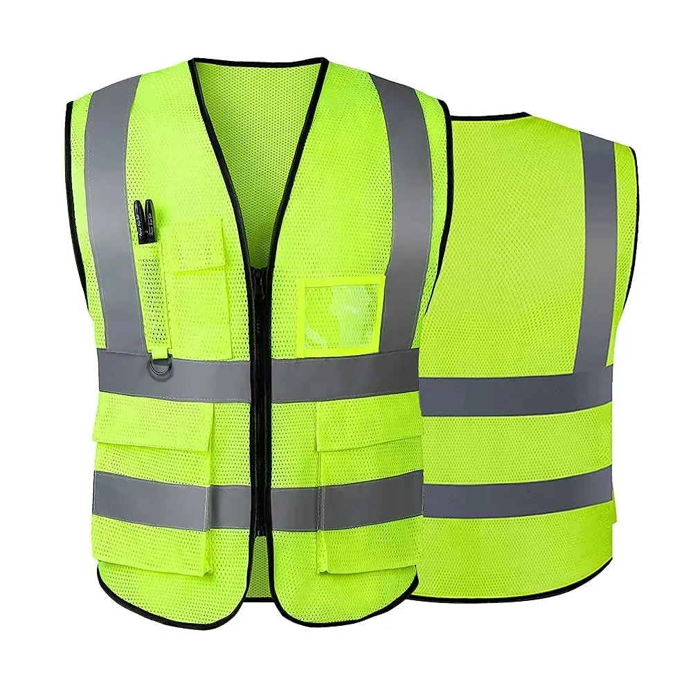 

High Visibility Reflective Safety Vest with Pockets and Zipper Front, Neon Yellow, Meets ANSI/ISEA Standards