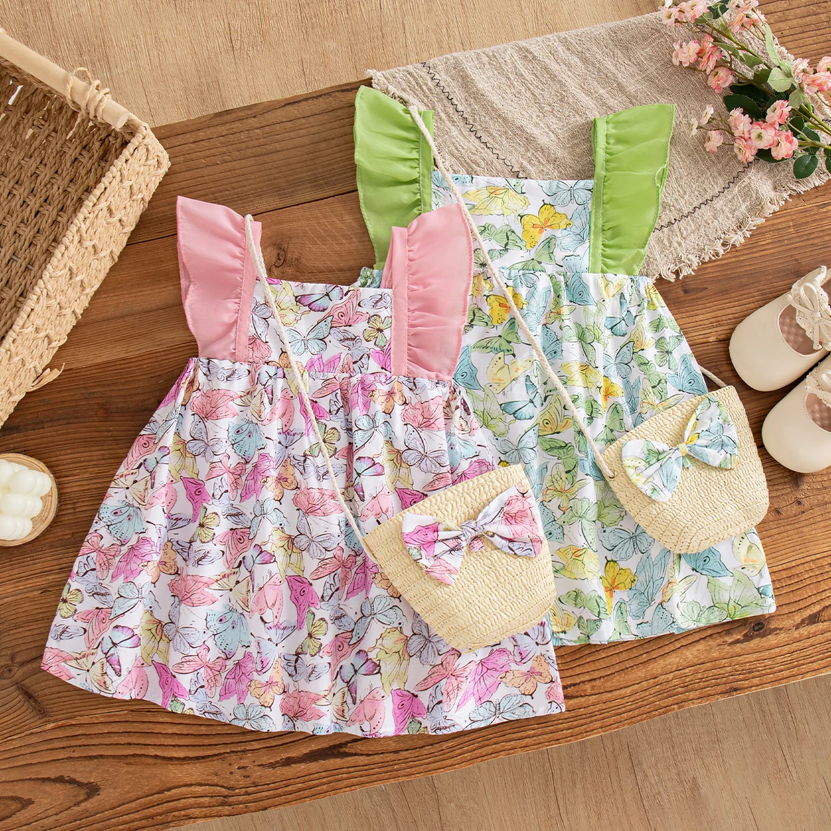 Summer Trend Sweet Casual Baby Girl Butterfly Dress Send a Bag Korean Style Cotton Soft Cute All Over Print Beach Toddler Dress
