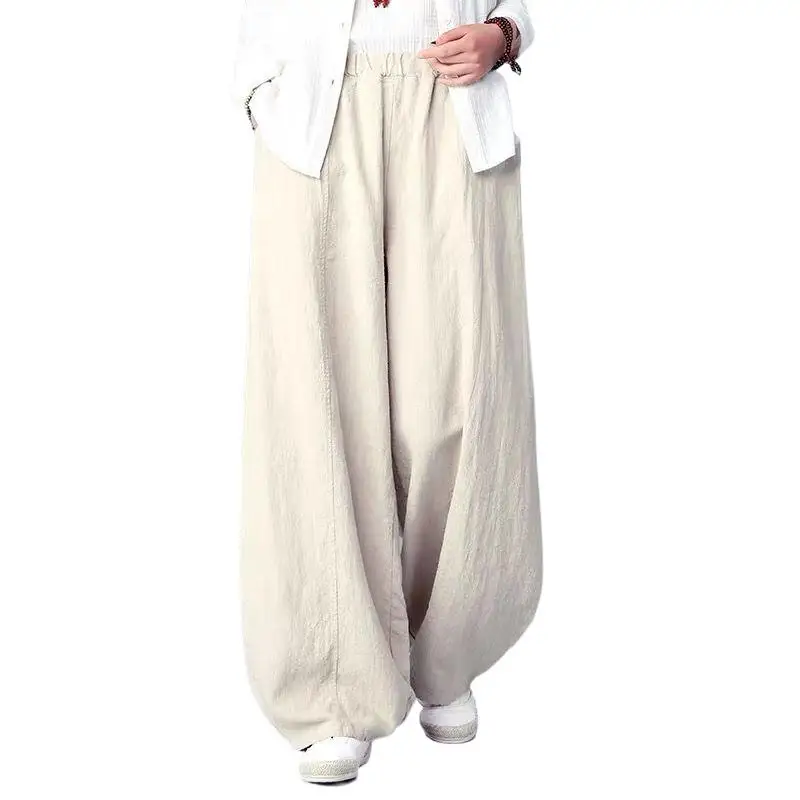 2024 Summer Casual Loose Long Trousers Baggy Pantalon Women Elastic Waist Retro Linen Cotton Harem Pants    