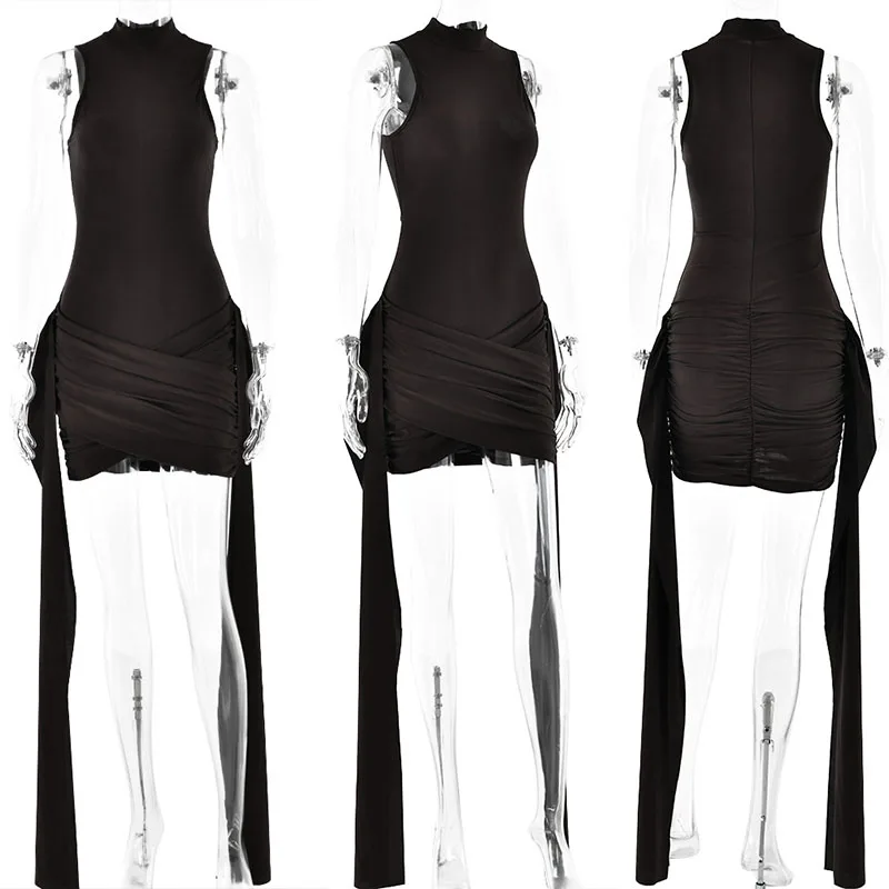 Sexy Ribbon Ruched Bodycon Mini Dress Women Club Party Night Sleeveless Half High Collar Strecth Sheath Birthday Dress Vestidos