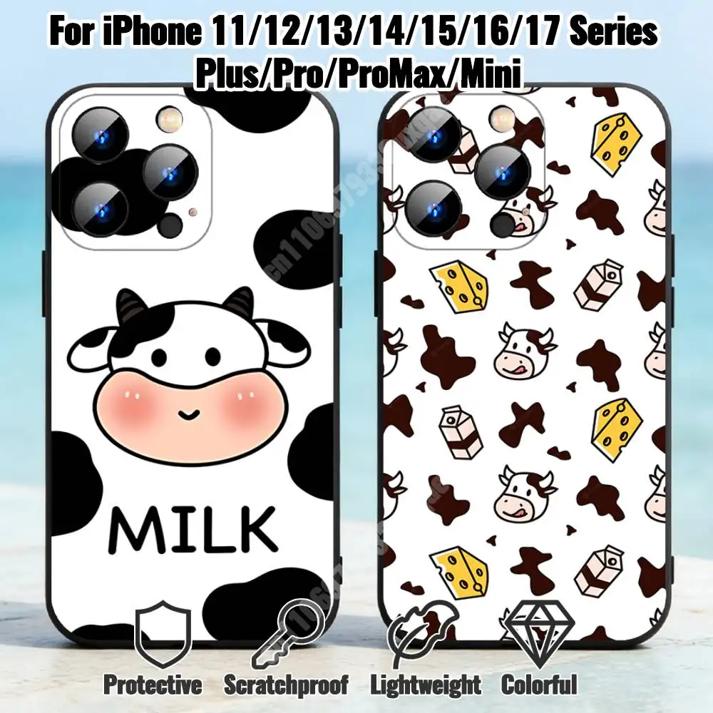 

Kawaii Cow Spots Pattern Phone Case for iPhone 17 16 Pro Plus Air 15 14 Max Mini 12 11 Soft Shockproof Cover