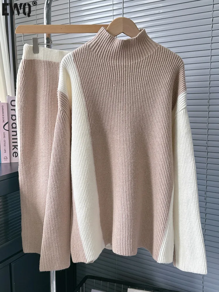 

[EWQ] Fashion Casual Half High Collar Long Sleeve Sweater And Knitted Skirts Patchwork Women 2 Piece Set 2024 Autumn New 16O1493