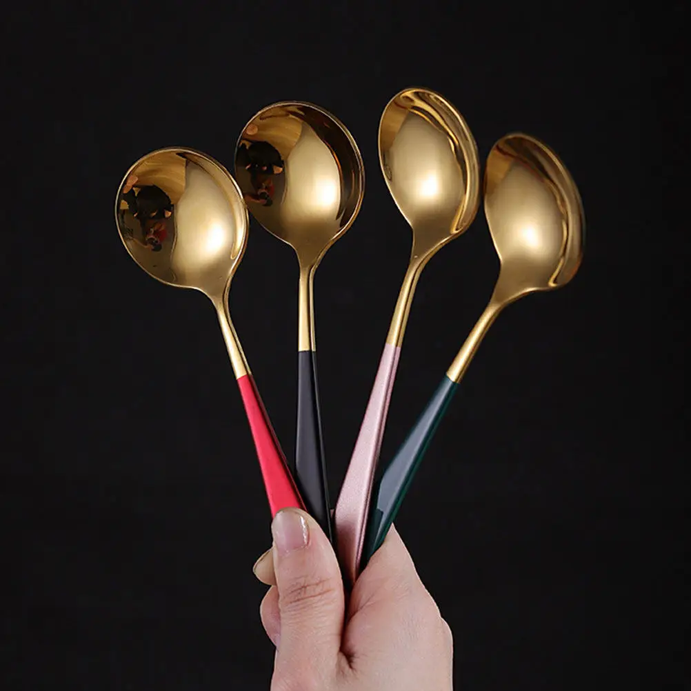 5Pcs Kids Meal Spoon Stainless Steel Multifunctional Creative Soup Dessert Scoop Set Red Dark Green Black Rose Gold Silver