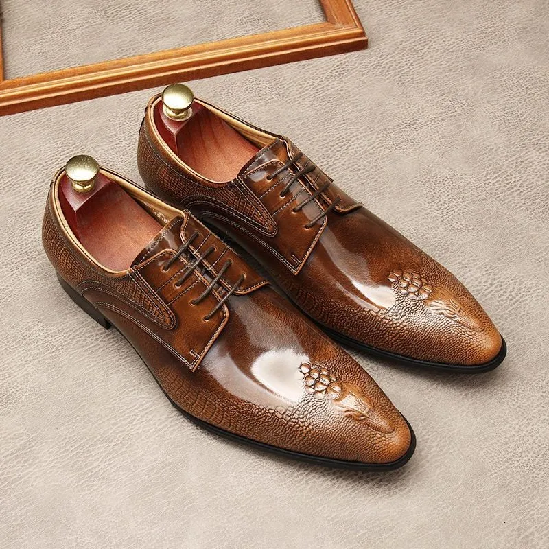 

British crocodile pattern men's shoes, trendy cowhide pointed lace up single shoes, groom's wedding shoes