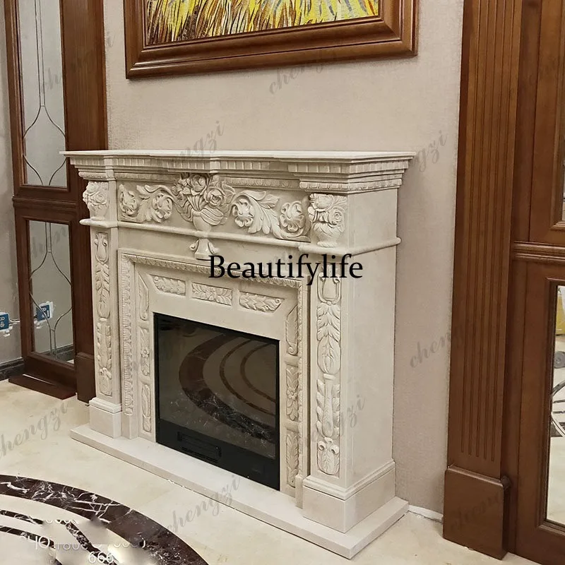 Marble fireplace stone carving European beige French relief decorative cabinet fireplace customization