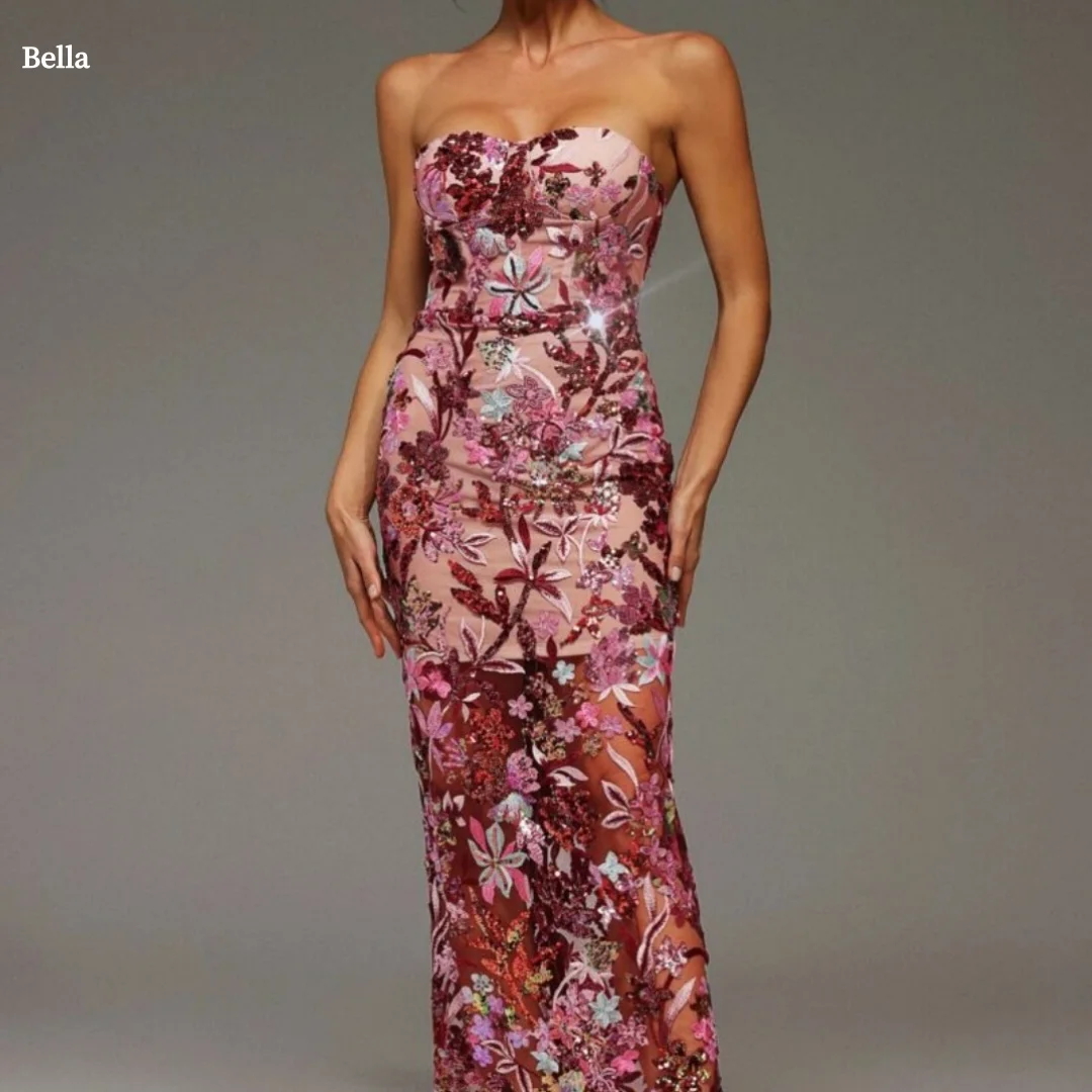 

Bella Customized Pink Strapless Prom Dress with 3D Floral Sequin Embroidery and Sheer Silhouette robes de soirée Party Dress