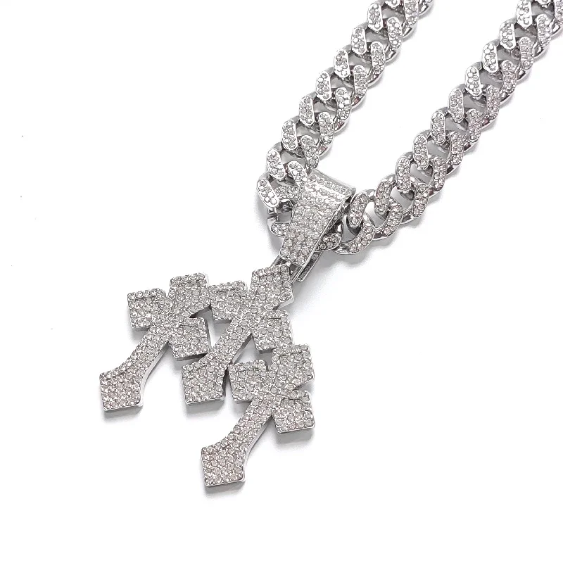 ใหม่ Iced Out ซ้อน Crosses จี้สร้อยคอผู้ชาย 13mm Cuban Chain Hip Hop Cross Rhinestone เครื่องประดับจี้ของขวัญ