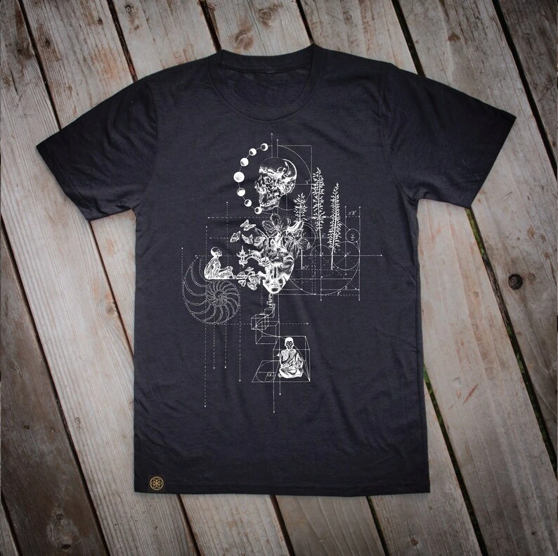 Camiseta de cáñamo Blueprint hecha en EE. UU., espíritu de geometría sagrada, antigua flor sagrada de la vida, camisa de Buda, Tops de meditación