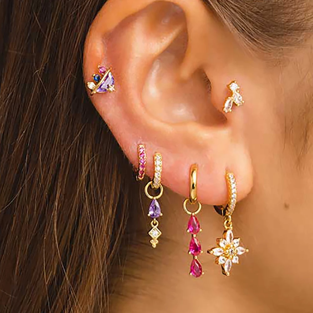 Luxus Geometrische Mehrfarbige Zirkon Kristall Wasser Tropfen Ohrring Edelstahl Blumen Anhänger Ohrringe Mode Hochzeit Schmuck