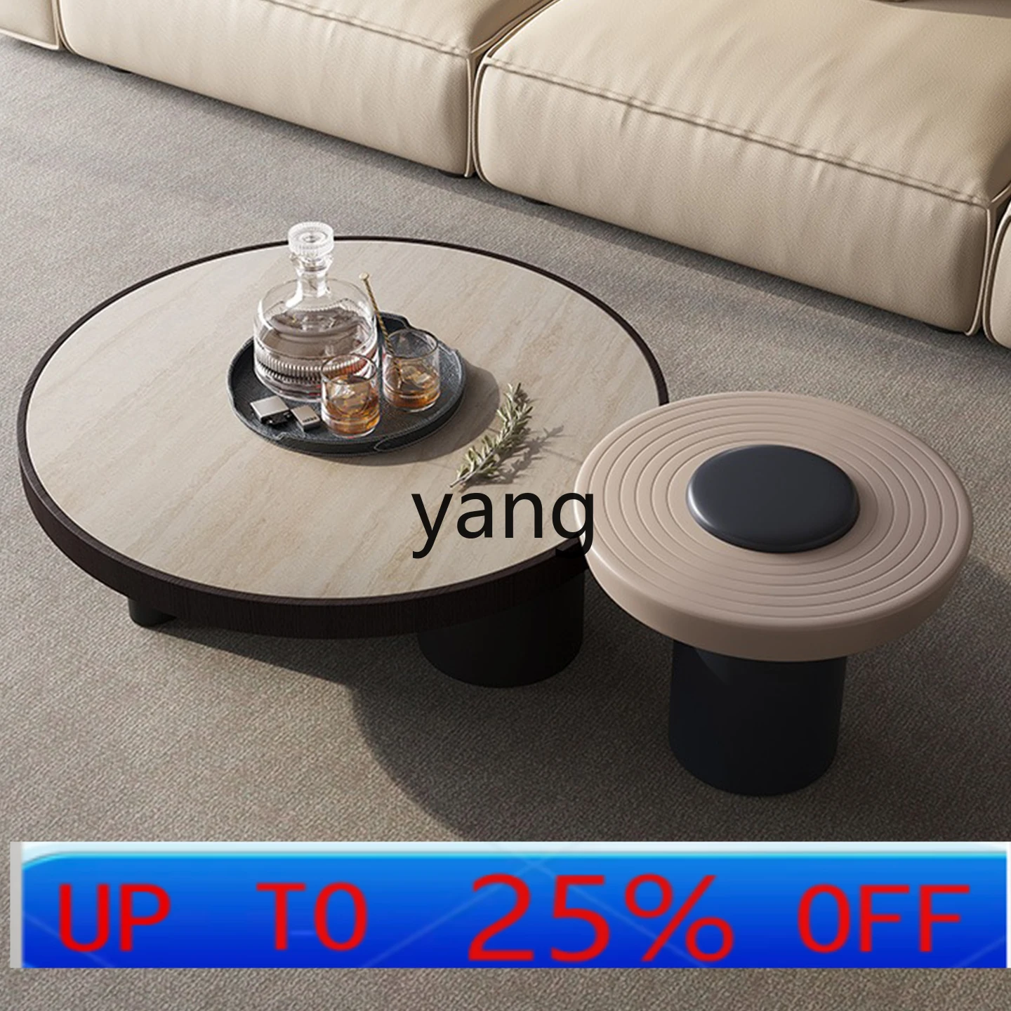 

LMM Italian minimalist natural travertine rock slab coffee table round medium and ancient style small apartment size combination