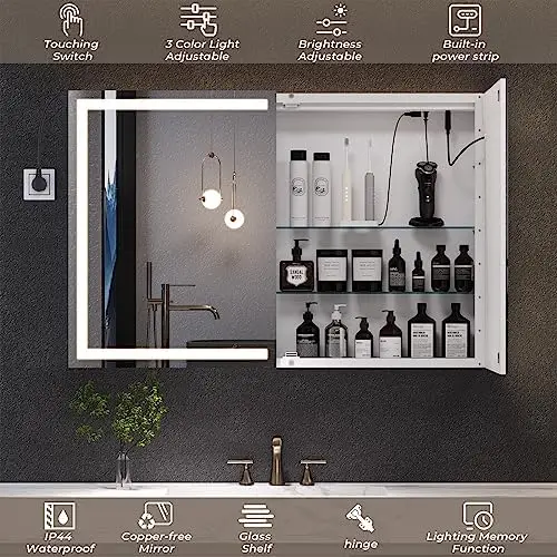Lighted Medicine Cabinet with Mirror, Wall Mounted Bathroom Mirror with Storage, 2 Doors Bathroom Wall Cabinet with LED view 2