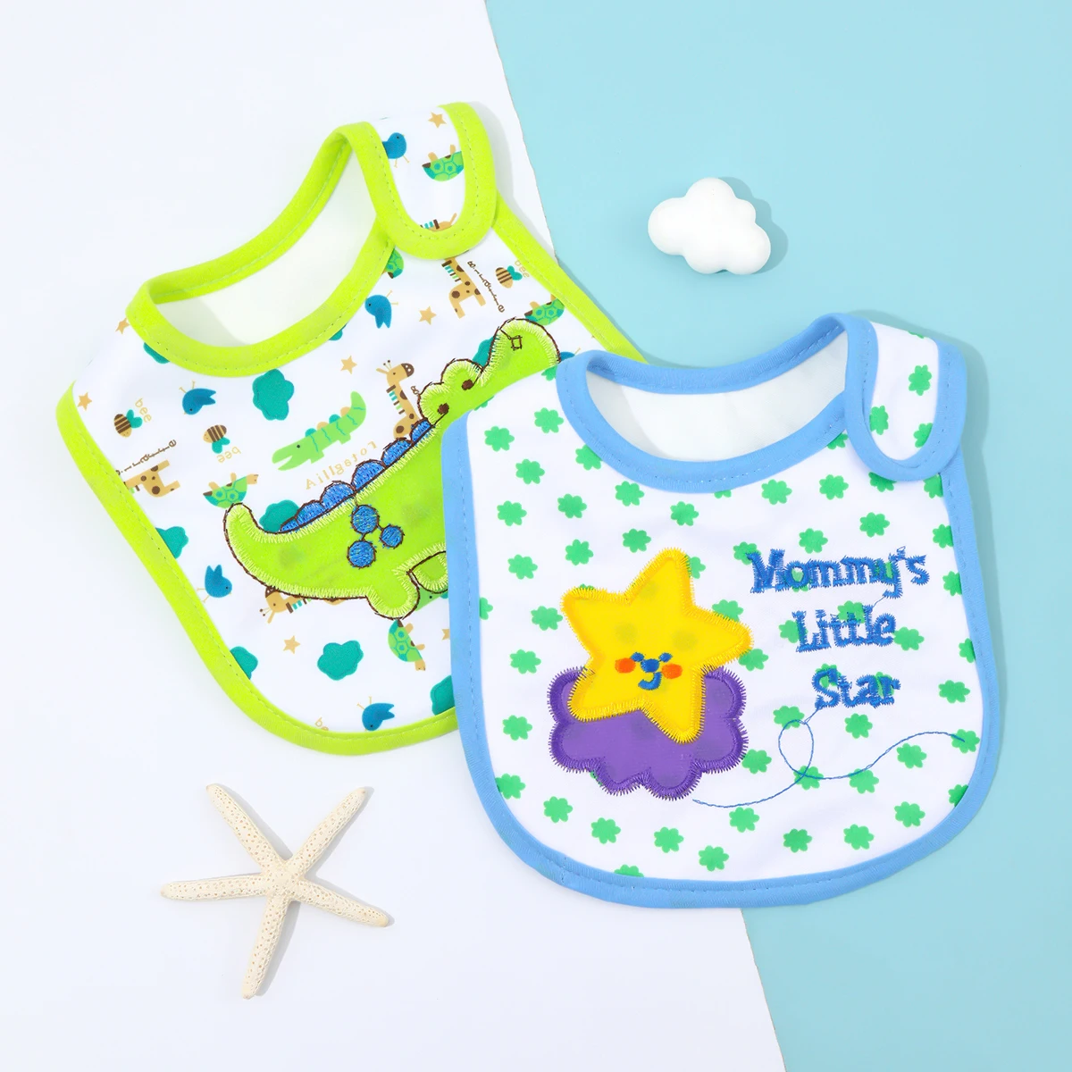 Random 2PCS  baby bib waterproof saliva towel for newborn baby rice pocket Cartoon embroidery bib for infant