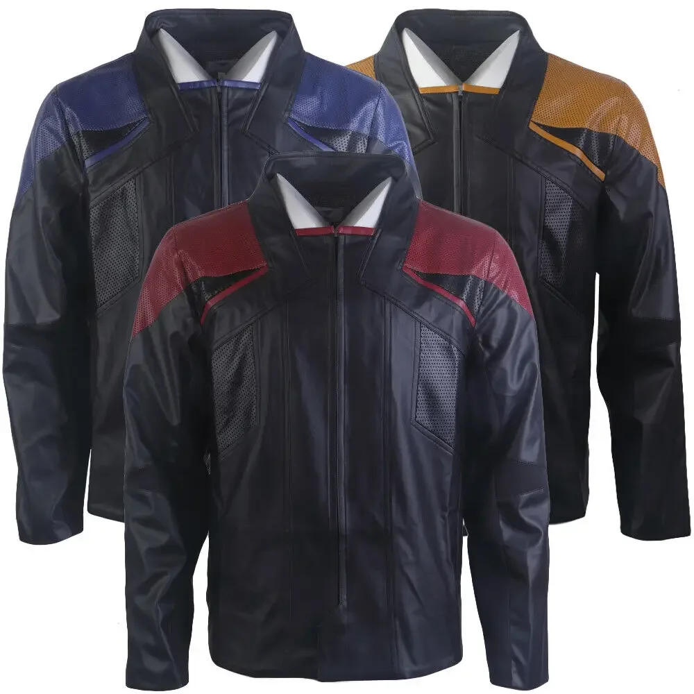 Picard 3-disfraz de capitán Riker, Geordi Laforge, chaquetas de cuero rojo, dorado y azul, disfraces de flota estelar, utilería para fiesta de Halloween