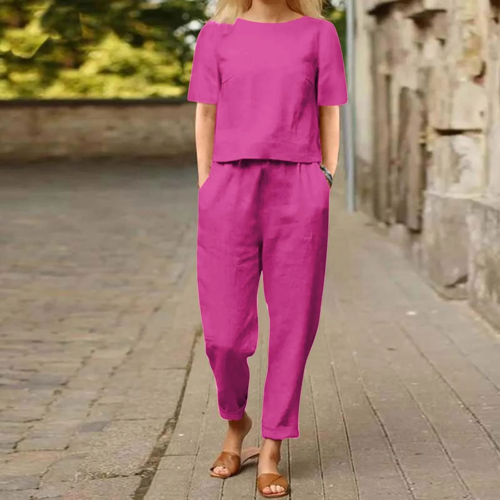 Casual Elegant Ladies 2 Piece Sets Solid Color Linen Short Sleeve Round Neck Blouse Loose Wide Leg Pants Matching Suit 2024