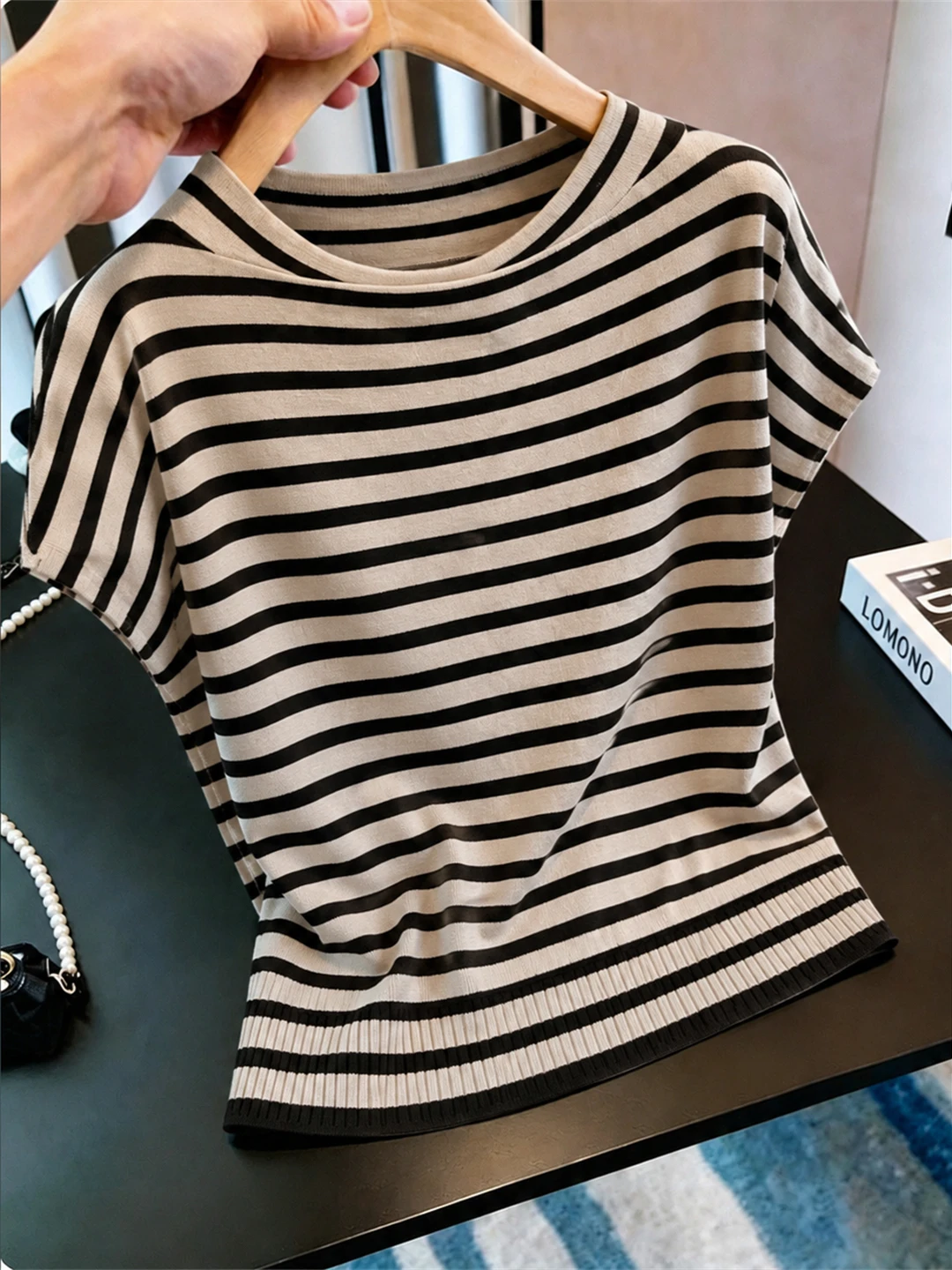 

Laid-back Loose Fit Short Sleeve Ice Silk Knitwear Summer Striped Patchwork round Neck Casual Elegant Style Women's Top