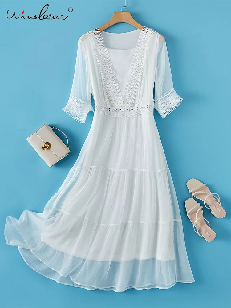 

Winsleter, 100%Real Silk Elegant Dresses, Women Half Sleeve Hollow Out, Beach Vacation Fairy Dress, 2024 Summer Fall D47272QM