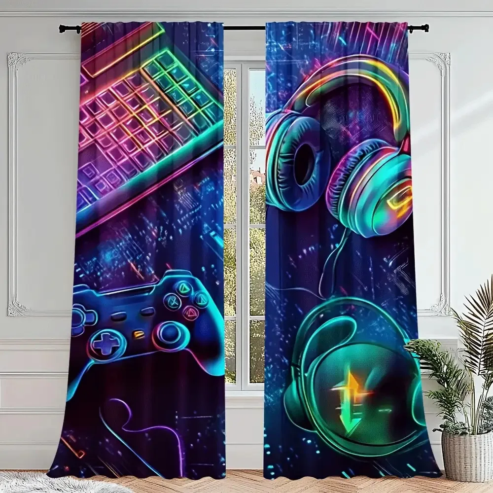 Gamer Curtains with Neon Keyboard and Gaming Headset, Cool Esports Window Drapes for Game Room Bedroom, Gaming Home Decor