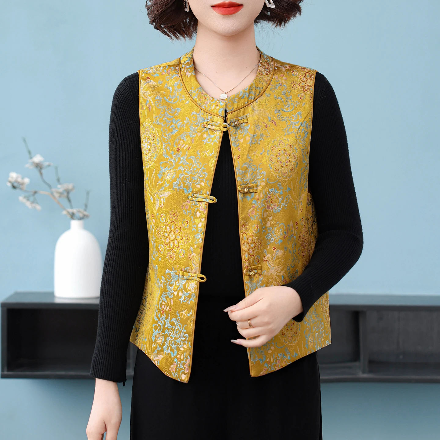

New Chinese Sle Traditional Women's Vest Coat Spring Autumn Seasonal Button Bal Top for Middle-Aged And ly