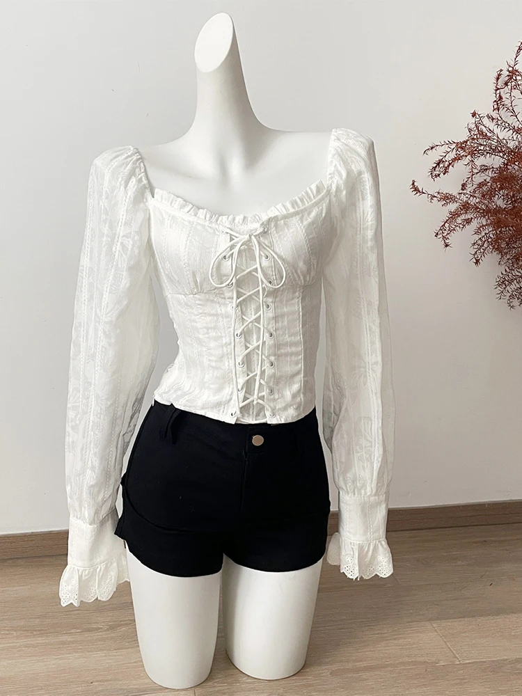 Women's White Shirts and Blouses Y2k Aesthetic Streetwear Vintage Korean 2000s Elegant Long Sleeve Square Collar Shirt Clothes - Image 3