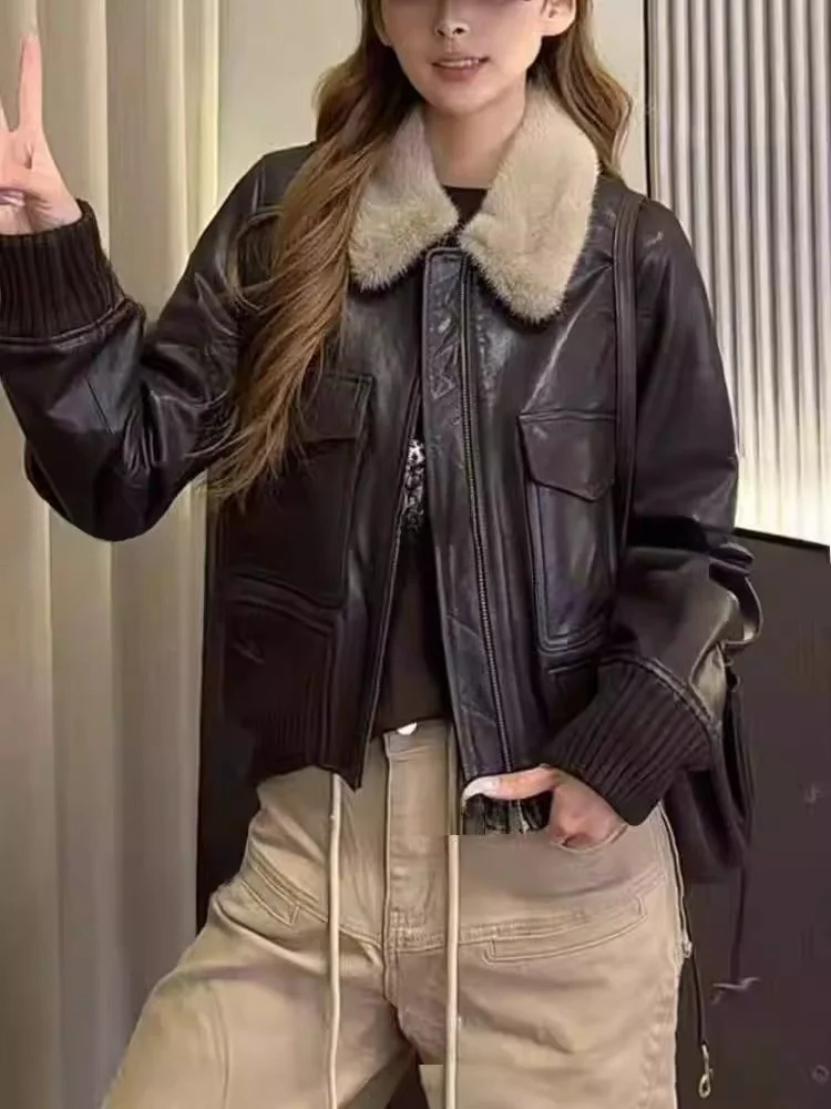 

Women's ort Lamb Fur Collar Leather Jaet 2025 Autumn Winter New Sle Versatile Cotton Wool Lined Zipper Coat