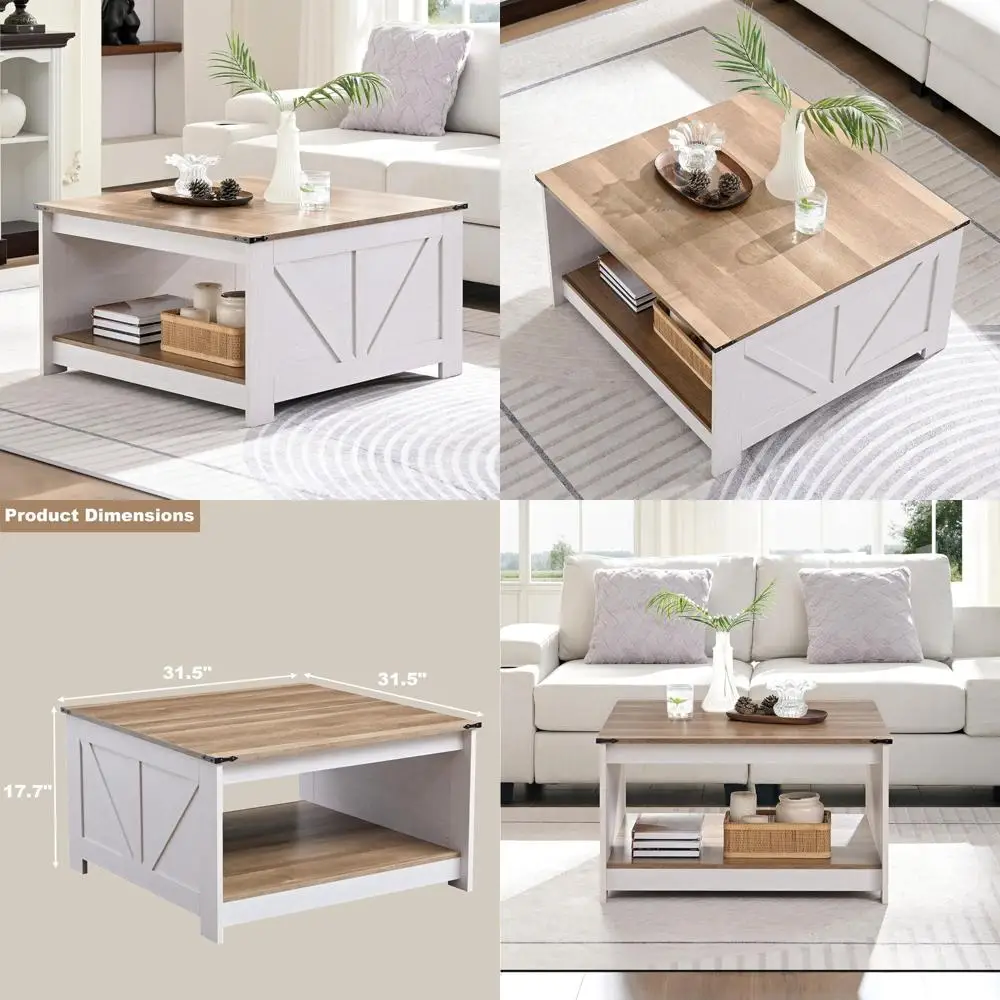 

Grey Wash Wooden Square Coffee Table, Farmhouse Style, 31.5 Diameter, Living Room Furniture, Rustic Chic Accent