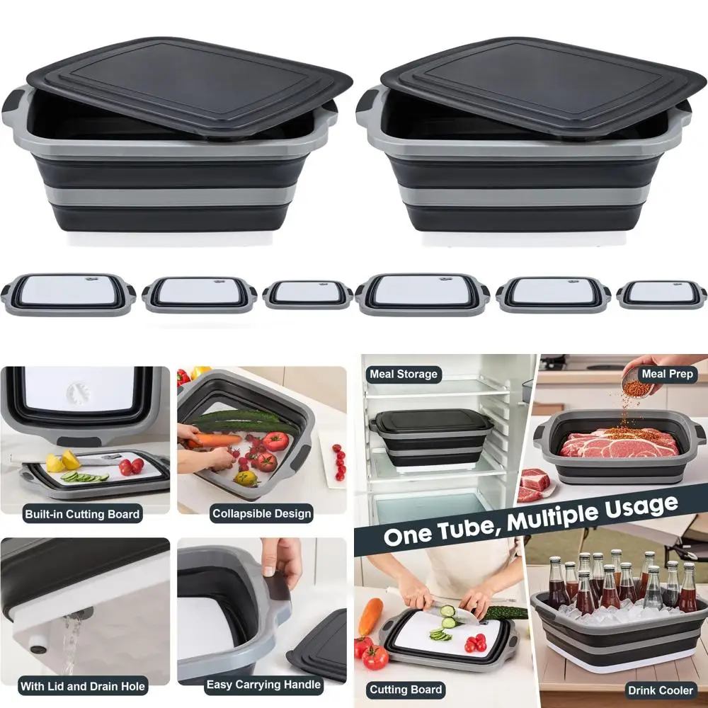 Conjunto de banheiras dobráveis para preparação de churrasco - 3 tamanhos com tampas e tábua de corte para armazenamento de alimentos, marinar e uso ao ar livre