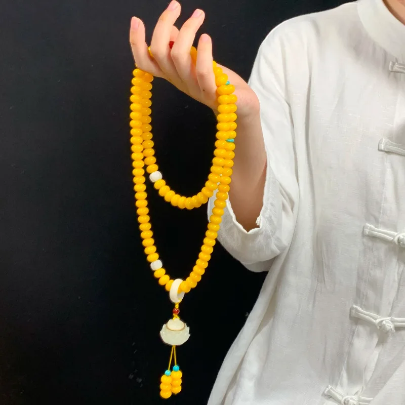 

Браслет-цепочка из 108 желтых бусин Бодхи с кольцом-держателем, ожерелье для мужчин и женщин, буддийские молитвенные бусы, подвеска для автомобиля, подарки