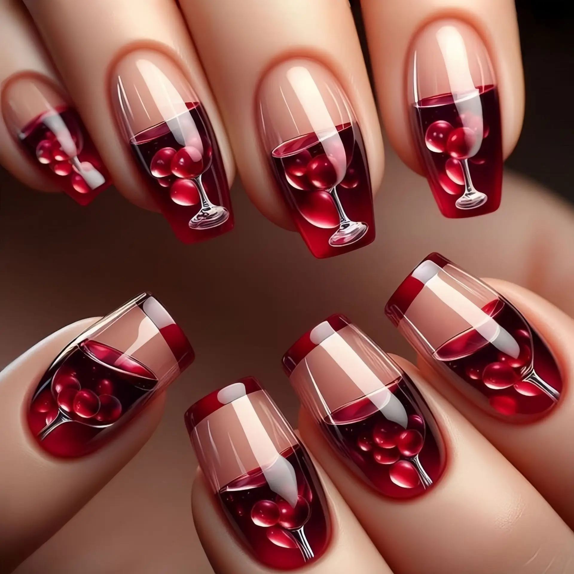 Medium long fake nails for women girls gradient red wine glass colorful fruit full cover ballet nail tips press on false nail
