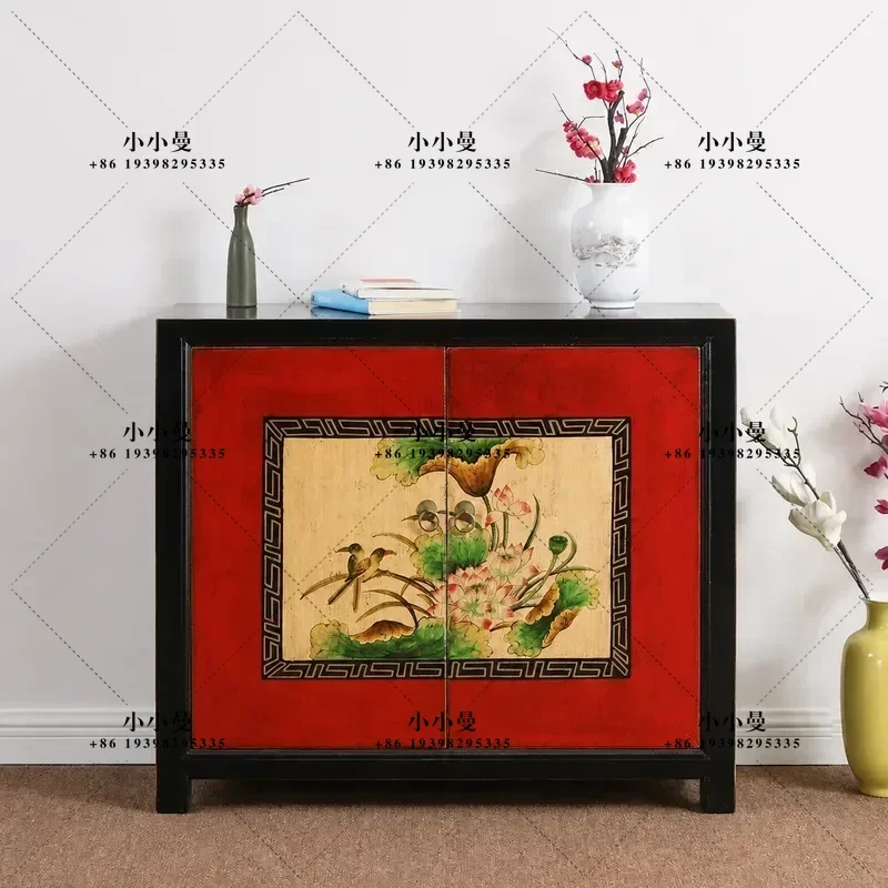 for Neoclassical Solid Wood Shoe Cabinet Small Apartment Painted Entrance Locker Antique Mortise and Tenon Decorative