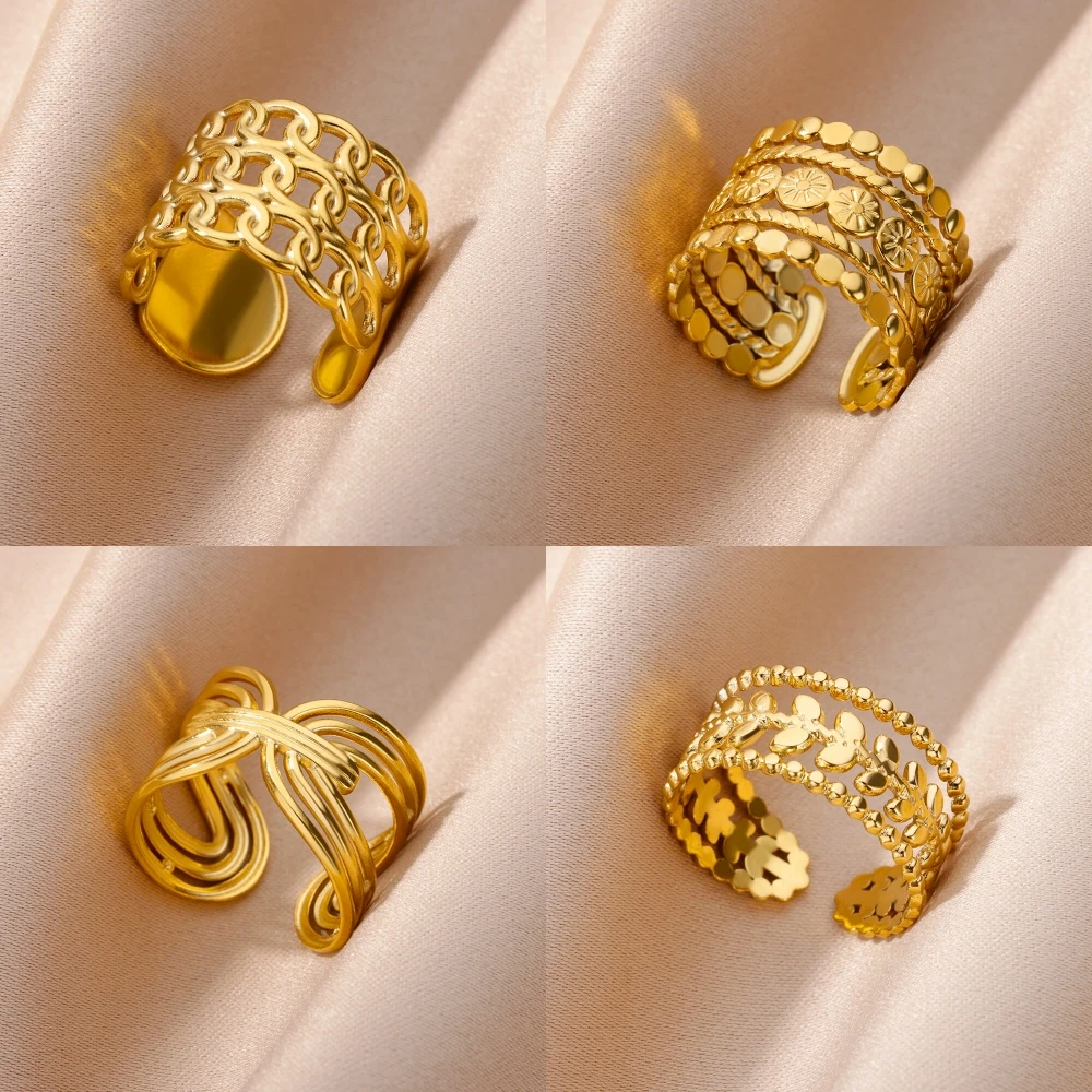 Stainless Steel Rings for Women Jewelry Summer Accessories Simple Vintage Gold Color Adjustable Aesthetic Gothic Snake Wide Ring