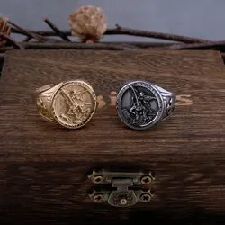 Never Fade Archangel Saint Michael Exorcism Ring Men's Punk Hip Hop Amulet Ring Stainless Steel Jewelry Party Gift Wooden Box