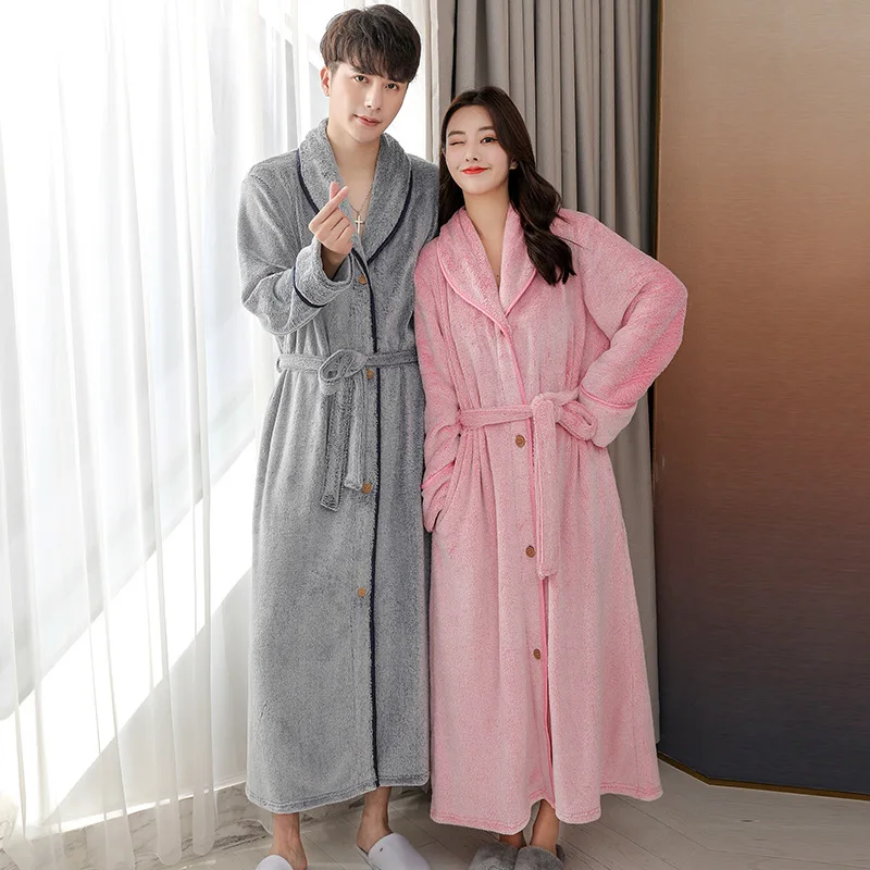 Couple Button Lapel Kimono Women Thickened Long Robe Coral Fleece Bathrobe Men Large Nightwear Winter New Flannel Homewear
