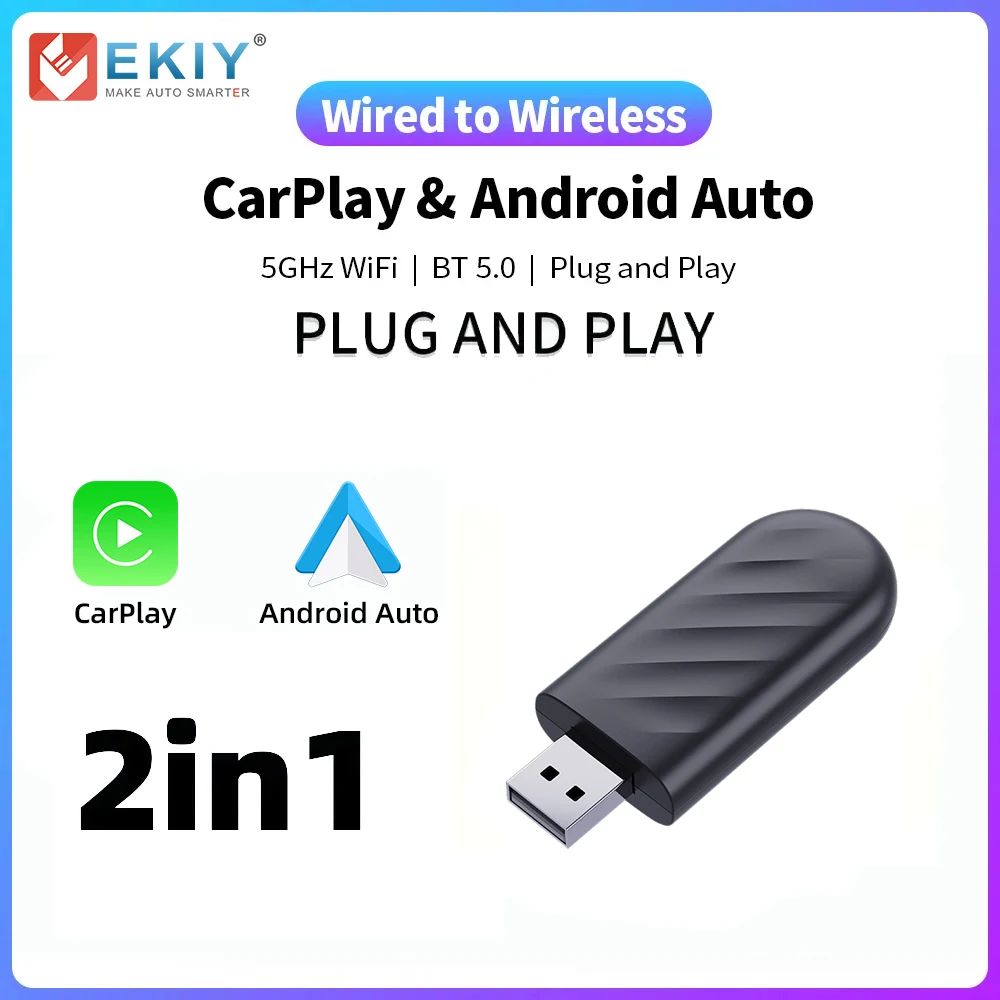 EKIY 2in1 Wireless CarPlay Adapter Wireless Android Auto Dongle Box Plug and Play For Car Radio with Wired CarPlay